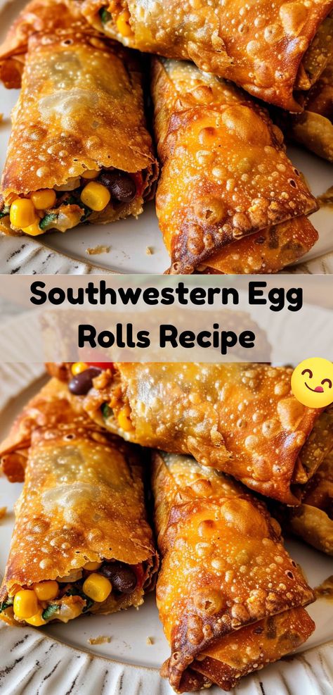 Try these Southwestern Egg Rolls with a crispy shell and a spicy, cheesy filling. Perfect for any occasion! Southwestern Egg Rolls Recipe, Spinach Dip Egg Rolls, Different Egg Roll Fillings, South Western Egg Rolls Recipe, Egg Roll Charcuterie Board, Eggroll Wrapper Ideas, Southwest Eggrolls Recipe Easy, Egg Roll Ideas, Southwest Eggrolls Recipe