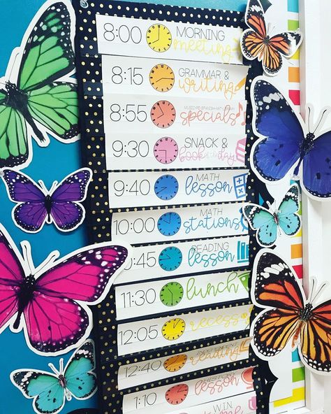 Butterfly Classroom Theme, Butterfly Classroom, Classroom Schedule Cards, Woodland Classroom, Kindergarten Classroom Themes, Butterflies Classroom, Teaching Clothes, Elementary Classroom Themes, Teacher Decor