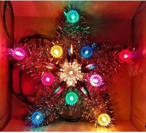 Christmas Tree Toppers Lighted, 1980s Christmas, Vintage Christmas Tree Toppers, Christmas Tree Star Topper, Christmas Tinsel, Tinsel Tree, Mr Christmas, Star Snowflake, Christmas Tree Topper