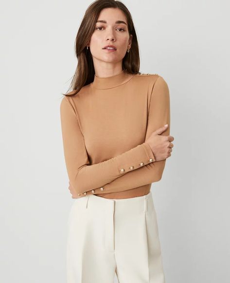 Raglan Button Crew Neck Sweater | Ann Taylor Mock Neck Top, Button Top, Petite Tops, Season Colors, Button Detail, Button Placket, Crew Neck Sweater, Neck Sweater, Mock Neck