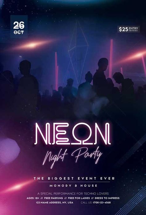 Neon Night Party, Party Design Poster, Music Neon, Club Events, Free Psd Flyer Templates, Free Psd Flyer, Corporate Office Design, Club Dance, Party Flyer Template