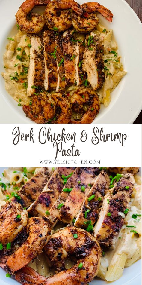 Jerk Shrimp Fettuccine, Jerk Chicken And Shrimp Pasta, Jerk Chicken Alfredo Pasta Recipe, Jerk Shrimp Alfredo Pasta, Blackened Steak And Shrimp Alfredo, Chicken And Shrimp Dinner Ideas, Jerk Chicken Alfredo Pasta, Jerk Shrimp Recipe, Shrimp And Chicken Recipes