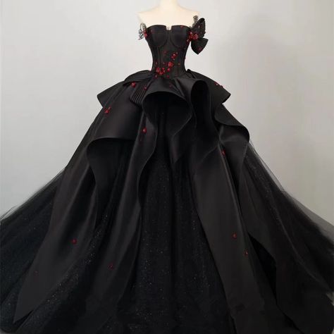 Regal Gothic Black Wedding Dress Ball Gown with Off-Shoulder Black and Red Floral Accents Plus Size - WonderlandByLilian Ball Gowns Vampire, A Black Wedding Dress, Red And Black Wedding Dress The Bride Gowns, Black Wedding Dresses Strapless, Black Wedding Dress With Red Roses, Black And Burgundy Quince Dress, Black And Red Gown Elegant, Black And White Wedding Dress Corset Victorian Ball Gowns, Unique Black Wedding Dresses