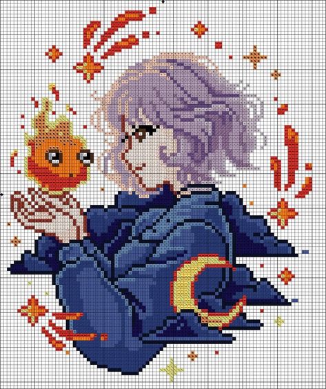 Cross Stitch Patterns Studio Ghibli, Howls Moving Castle Cross Stitch Pattern, Cross Stitch Ghibli, Ghibli Perler Beads, Howls Moving Castle Cross Stitch, Pixel Art Ghibli, Ghibli Cross Stitch Pattern, Studio Ghibli Perler Beads, Pixel Art With Grid