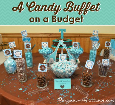 A Candy Buffet on a Budget Simplistically Living Wedding Food On A Budget, Diy Candy Buffet, Food On A Budget, Buffet Dessert, Lolly Buffet, Bar A Bonbon, Candy Buffet Tables, Candy Station, Dessert Buffet