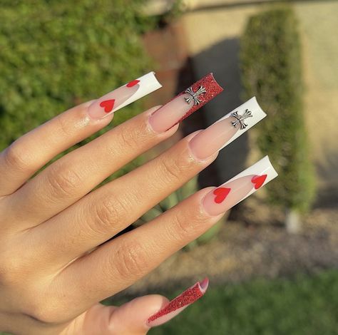 Valentines Day Nails With Gems, Red Valentines Day Nails Acrylic, Acrylic Nails With Red, Red Valentines Day Nails, Valentines Day Nails Acrylic, Nails With Gems, Nails With Red, Clear Acrylic Nails, Valentines Day Nails