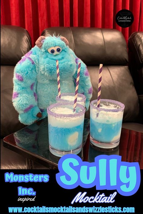 This image shows three blue ice cream floats with purple rim and purple striped straws with monster's inc's sully in the background in front of a home theater Monsters Inc Food, Disney Themed Drinks, We Scare Because We Care, Family Movie Night Snacks, Disney Themed Movie Night, Disney Movie Night Food, Disney Cocktails, Disney Movie Night Dinner, Movie Night Dinner