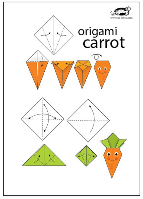 krokotak | VEGETABLE GARDEN-ORIGAMI Vegetable Crafts, Paper Folding Crafts, Teaching Crafts, Origami Step By Step, Origami Diagrams, Kids Origami, Origami Patterns, Origami Paper Art, Origami Instructions