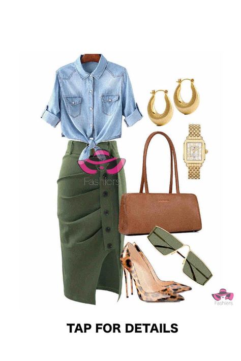 Denim shirt outfit styled with olive green midi skirt animal print pumps and brown tote bag! Create your style with Fashiers app! Available on App Store and Google Play!  #stylecollective #stylingtips #outfitposts #fashionover30 #stylishlook Green Midi Skirt Outfit, Olive Green Style, Green Skirt Outfits, Denim Shirt Outfit, Olive Green Skirt, Green Midi Skirt, Olive Green Shirt, Interesting Outfits, Midi Skirt Outfit