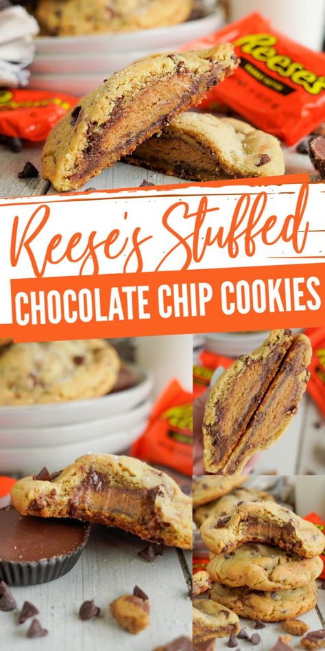 Reese's Stuffed Chocolate Chip Cookies! Amazing Peanut Butter Chocolate Chip Cookies stuffed with Reese's Cups and baked to perfection! The perfect stuffed cookie recipe with peanut butter and chocolate in one! #lemonpeony #peanutbuttercups #reesescups #chocolatechipstuffedcookies Peanut Butter Chocolate Chip Cookies Recipe, Recipe With Peanut Butter, Stuffed Chocolate Chip Cookies, Cookies Stuffed, Stuffed Cookies, Peanut Butter Cup Cookies, Yummy Fall Recipes, Chocolate Chip Cookies Recipe, Peanut Butter Chocolate Chip Cookies