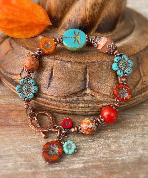 Czech Beads Jewelry, Czech Glass Bead Bracelet, Glass Dragonfly, Czech Glass Jewelry, Jewelry Magazine, Bracelet Kits, Bohemian Bracelets, Red And Orange, Homemade Jewelry