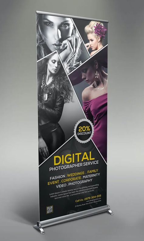 Photography Standee Design, Pop Up Banner Design Inspiration, Photography Banner Design Graphics, Standies Design Creative, Standy Ads Design Creative, Roll Up Stand Banner Design, Standy Ads Design, Stand Up Banner Design, Creative Standee Design Ideas