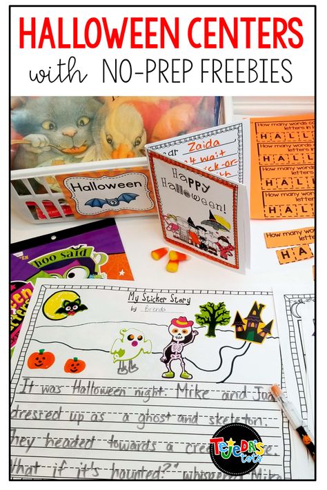 I love these having centers at my Halloween or fall parties. Here are some ideas for easy, free, no-prep centers that are meaningful and fun! Perfect for the month of October! #tejedastots #halloweencenters #halloweenactivities Third Grade Halloween, Center Activities For Kindergarten, Activities For October, Halloween Reading Activity, Halloween Literacy Activities, Halloween Literacy Centers, Halloween Stations, Halloween Elementary, October Kindergarten