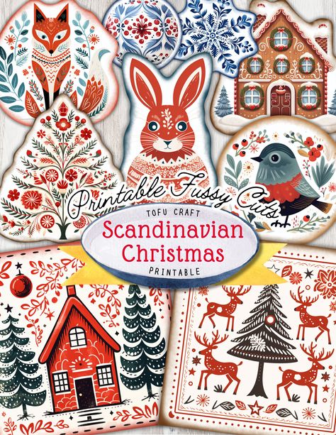 Scandinavian Ornaments, Christmas Scandinavian Style, Stickers For Christmas, Scandinavian Christmas Ornaments, Download Stickers, Printable Collage Sheet, Christmas Collage, Christmas Ephemera, Journal Digital