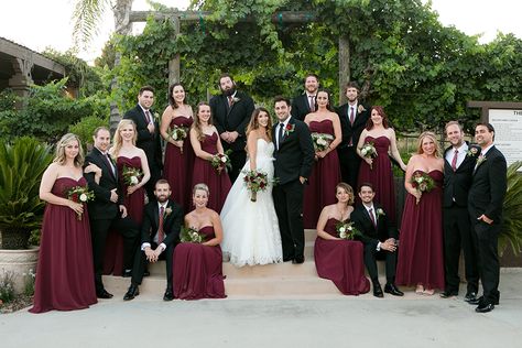 Bridesmaids And Groomsmen Burgundy, Maroon And Black Wedding Flowers, Burgundy And Black Bridesmaid Dresses, Wedding Black And Burgundy, Burgundy Wedding Theme Groomsmen, Burgundy Wedding Party Groomsmen, Wedding Party Burgundy, Black And Burgundy Wedding Party, Burgandy Bridesmaids Dresses