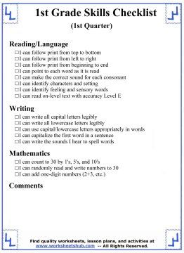 1st Grade Skills Checklist (1st Quarter) First Grade Unschooling, Incoming First Grade Checklist, First Grade Practice Sheets, What Should A 1st Grader Know, 3rd Grade Skills Checklist, What Should First Graders Know, First Grade Goals Checklist, 1st Grade Syllabus, 1st Grade Circulum Homeschool