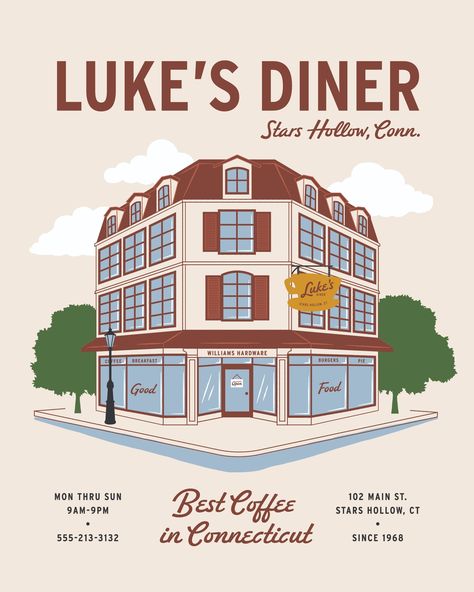 Had a lot of plans this weekend, but then it suddenly became very important to me to create a mid-century menu style illustration for Luke's Diner, so that's what I did instead. 🤷🏻‍♀️ Featuring brushes by @truegrittexturesupply and fonts from @hoodzpahdesign. And tees & posters available on the site because of course they are. Gilmore Girls Poster, Luke's Diner, Friendship Thank You, Gilmore Girls Luke, Diner Menu, Lukes Diner, Illustrated Poster, Breakfast Burger, Coffee Breakfast