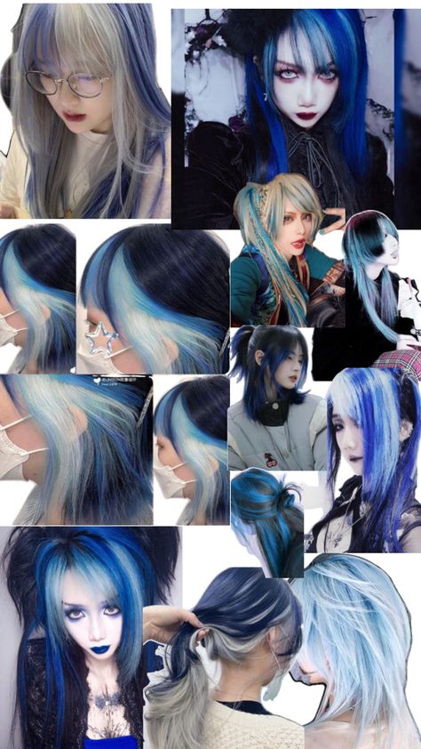 dark blue, silver, chunky highlights/ vkei inspired hair color Blue Hair With Highlights, Vkei Hair, Periwinkle Hair, Hair References, Hair Acessories, Chunky Highlights, Hair Colours, Inspo Board, Dye My Hair