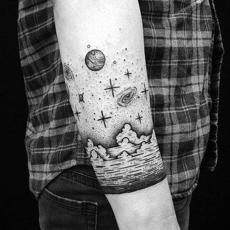 Space Tattoo Sleeve, Gap Filler Tattoo, Celestial Tattoo, Ribcage Tattoo, Tattoo Filler, Galaxy Tattoo, Theme Tattoo, Arm Band Tattoo, Space Tattoo