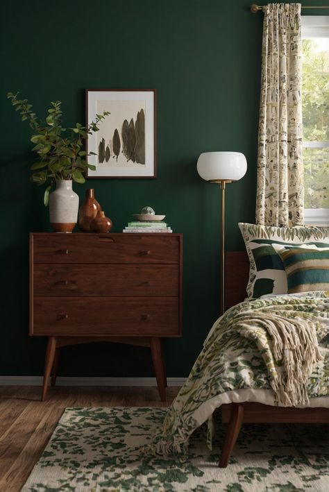 Discover how leveraging color contrasts can transform your bedroom into a visually captivating space. Uncover expert tips and techniques in this article. #ad     #Colortrend #wallpaint2024  #color2024  #DIYpainting  ##DIYhomedecor  #Fixhome Forest Green Bedrooms, Goth Living Room, Apartment Hallway, Dark Wood Bedroom Furniture, Dark Boho Living Room, Gothic Living Room, Dark Wood Bedroom, Dark Brown Furniture, Halloween Bedroom Decor