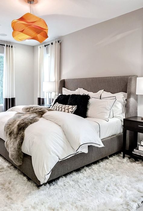 beautiful serene and cozy gray master bedroom with orange chandelier | shag rug | gray upholstered headboard #bedroom #bedroomdesign #masterbedroom Apartment Bedroom Decor For Couples, Bedroom Ideas For Couples, Grey Bedroom Decor, Bedroom Decor For Couples, Decor Ikea, Apartment Bedroom Decor, Bedroom Decor Cozy, Ideas For Couples, Design Seeds