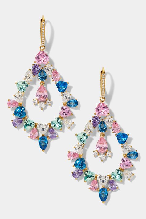 Featuring a mix of soft pastels, and multi-color stones, these earrings will add an eye-catching pop to any outfit. Pastel Accessories, Pastel Earrings, Rainbow Jewelry, Ear Candy, Rose Gold Jewelry, Affordable Jewelry, Gems Jewelry, Gold Drop Earrings, Fine Jewellery Earrings