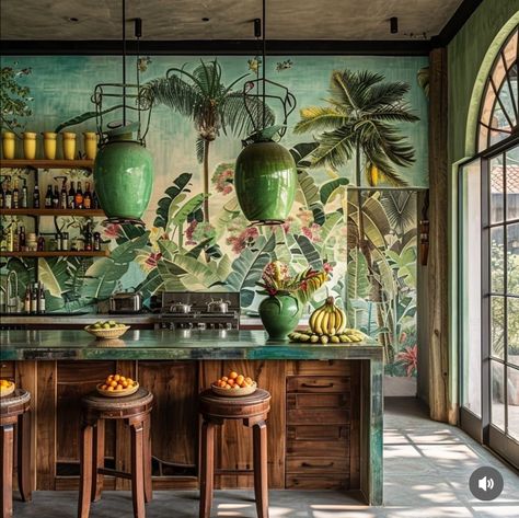 Bali Restaurant Interior, Art Deco Tropical Interior, Carribean House, Modern Restaurant Design, Tropical Living, British Colonial Style, Big Wall Art, Modern Restaurant, Island House