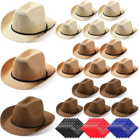 PRICES MAY VARY. Stylish Cowboy Hat and Bandana: this cowboy hat and paisley vintage bandana suit can be matched with any denim clothing style, cowboy style, or rural style, etc., and the simple and classic design are suitable for both men and women Package Include: you will receive 18 straw cowboy hats, and 18 polyester printed square scarfs, sufficient quantity, not only suitable for daily use, but also as a holiday or birthday gift for family or friends Suitable Size: the size of each straw c Cowboy Hat Party, Straw Cowboy Hats, Hat And Bandana, Guy Birthday, Costume Birthday Party, 1st Rodeo, Cowboy Accessories, Custom Cowboy Hats, Birthday Party Props