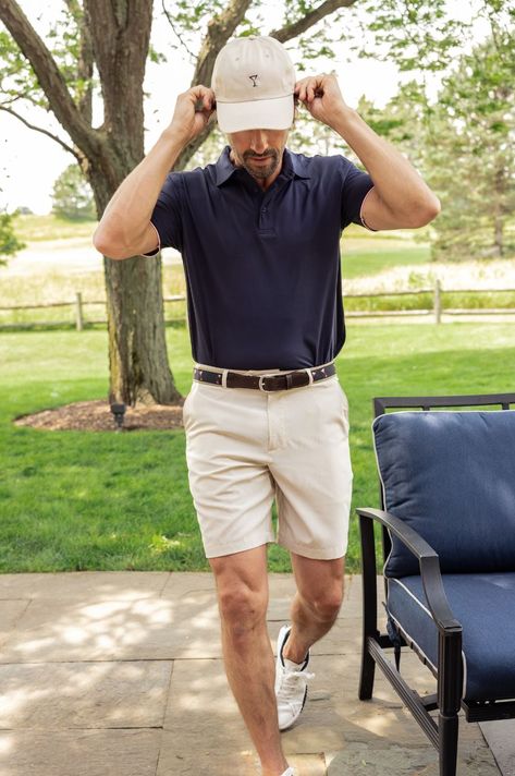 Stand out on the golf course with our Men's Khaki Performance Short. Featuring a classic khaki color with stylish pink and navy trim, these golf shorts are perfect for a cool and comfortable look. Designed for optimal performance, our shorts will keep you swinging in style all day long. Polo Khaki Outfit Men, Shorts And Polo Outfit For Men, Country Club Aesthetic Men, Men’s Tennis Outfit, Country Club Men, Southern Preppy Outfits Men, F1 Race Day Outfits, Navy Mens Outfit, Men Tennis Outfit