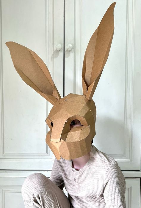 Cardboard Rabbit, Cardboard Bunny, Cardboard Animal Head, Hare Mask, Diy Karton, Cardboard Animals, Easter Bunny Costume, Cardboard Costume, Rabbit Mask