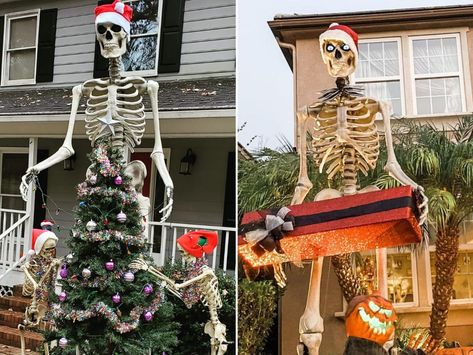 Home Depot's $300 giant skeleton is now Christmas decor - Insider Giant Skeleton Halloween Decor Ideas, Giant Skeleton Decoration Ideas, Home Depot 12 Foot Skeleton Ideas, 12 Ft Skeleton Decor, Giant Skeleton Decoration, Home Depot Skeleton Ideas, 12 Ft Skeleton Christmas Ideas, Home Depot Skeleton, Giant Skeleton Christmas