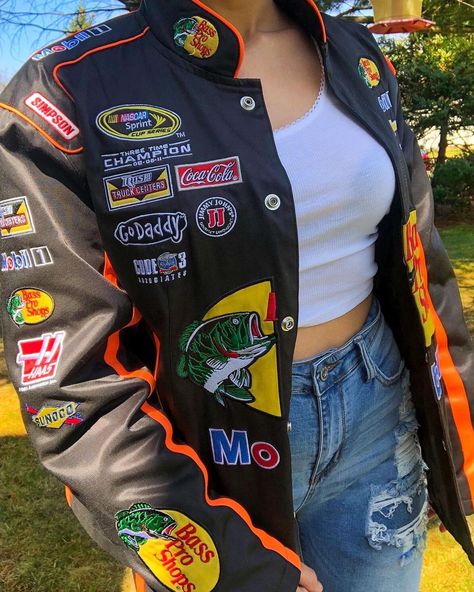 Bit by Angie | Custom Fashion on Instagram: “Bass Pro Shops Nascar jacket 🐠🖤” Nas Car Jacket, Nascar Outfit For Women, Race Car Jacket Outfit, Nascar Jacket Outfit, Racer Outfit, Nascar Outfit, Ross Finds, Nascar Racing Jacket, Nascar Jacket