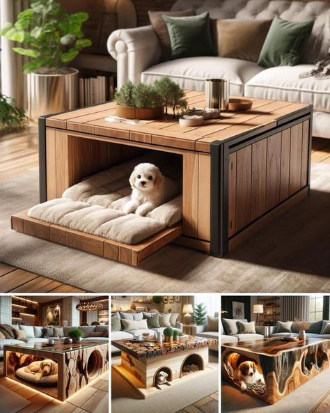 Home Decor Ideas Pets Corner Ideas, Living Room With Dog Beds, Dogs Apartment Living, Bed With Built In Dog Bed, Dog Living Room Ideas, Dog Bed Ideas For Living Room, Dog Space Ideas, Pet Room Ideas Dogs, Dog Coffee Table