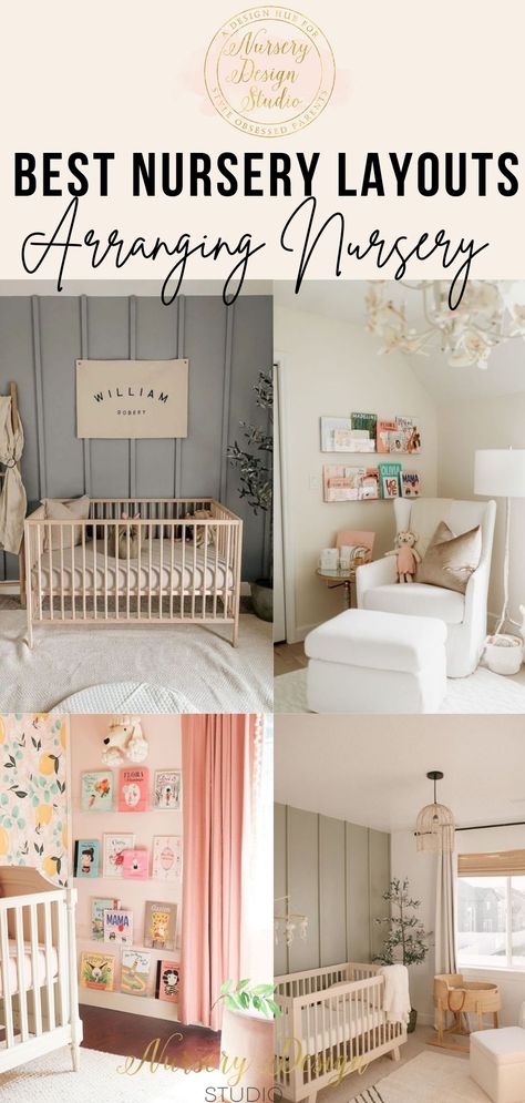 NURSERY LAYOUT IDEAS: 15 WAYS TO ARRANGE THE NURSERY - Nursery Design Studio Nursery Room Furniture Layout, Guest Nursery Combo Small, Nursery Storage Furniture, Coed Nursery Ideas, Small Nursery Wall Decor, Simple Nursery Room Ideas, Nursery Room Configuration, Best Nursery Layout, Long Nursery Layout