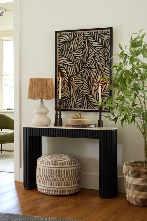 A refined statement piece, the Corey Onyx Wood Marble Top Fluted Console Table contrasts a fluted wood base in a dark onyx finish with a genuine white marble top. Pulling art deco-inspired design into the modern era, this elegant two-tone table is a bold addition to any room, hallway, or entry. #WorldMarket #LucianoLiving #EntrywayDecor #MoodyDecor #FlutedTable #EntryTable #ConsoleTable Fluted Console Table, Fluted Console, Art Deco Entryway, Shadow Box Wall Art, Leaf Shadow, Designer Console Table, Unique Console Table, Art Deco Console, Shadow Box Wall