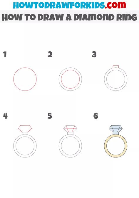 How to Draw a Diamond Ring - Easy Drawing Tutorial For Kids How To Draw A Diamond Ring, How To Draw A Ring Step By Step, How To Draw A Ring, How To Draw Jewelry, Draw A Diamond, Job Drawing, Diamond Ring Drawing, Beginner Sketches, Drawing Ideas List