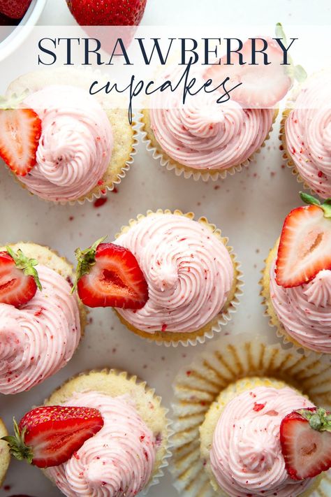 These strawberry cupcakes with cream cheese frosting feature a soft vanilla cake base studded with juicy fresh strawberry chunks and frosted in a strawberry cream cheese frosting. Strawberry Cupcakes With Cream Cheese, Strawberry Cream Cheese Icing, Soft Vanilla Cake, Creme Cupcake, Strawberry Cupcake Recipes, Strawberry Shortcake Cookies, Cream Cheese Cupcakes, Strawberry Cream Cheese Frosting, Cream Cheese Frosting Cake