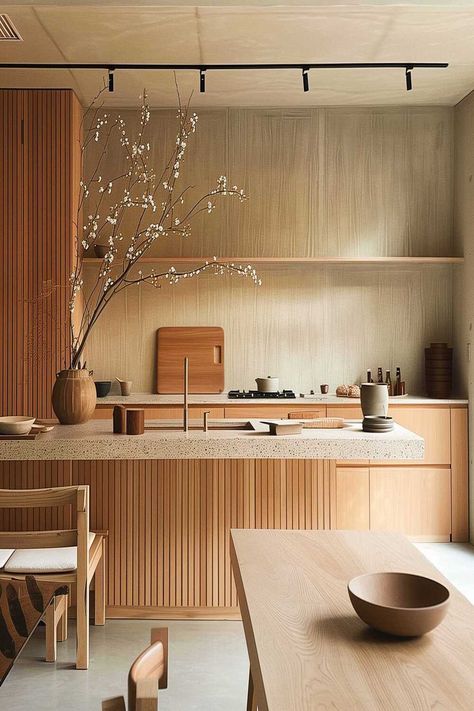 Japandi style kitchen with neutral tones and streamlined design.