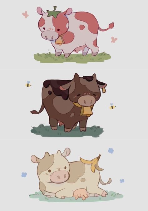 Cows Drawing Cute, Cow Doodle Cute, Cute Cow Art Kawaii, Cow Reference Drawing, Mushroom Cow Drawing, Aesthetic Cow Drawing, Cute Cow Drawing Cartoons, Kawaii Cow Wallpaper, Cow Aesthetic Drawing