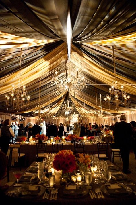 Such a glamorous gold and black tent reception Event Drapery Ideas, Tent Draping, Event Draping, Ceiling Drapery, Wedding Tent Decorations, Wedding Tents, Black Gold Wedding, Large Tent, Tent Decorations