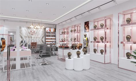 Wig Studio Ideas, Wig Store Interior Design, Wig Studio Decor, Wig Display Ideas Wall, Wig Shop Design Ideas, Wig Shop Interior Design, Makeup Shop Design Interior, Salon Products Display, Hair Display