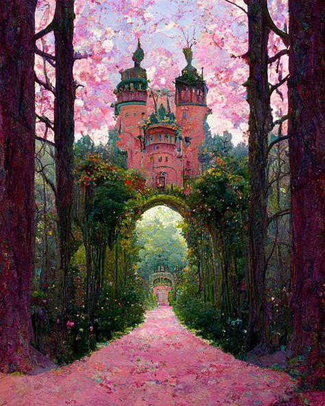 Euphemia Stokefield su Instagram: "Fairy castle in the sky. #art #artwork #digitalart #ai #aiart #aiartcommunity #euphemiastokefield #aiartist #aiartists #pink #green #fairy…" Castle In The Sky Art, Bedroom Design For Teen Girls, Logo Gallery Art, Fairy Garden Art, Real Fairies, Castle Painting, Fairy Castle, Castle Aesthetic, Pink Lifestyle