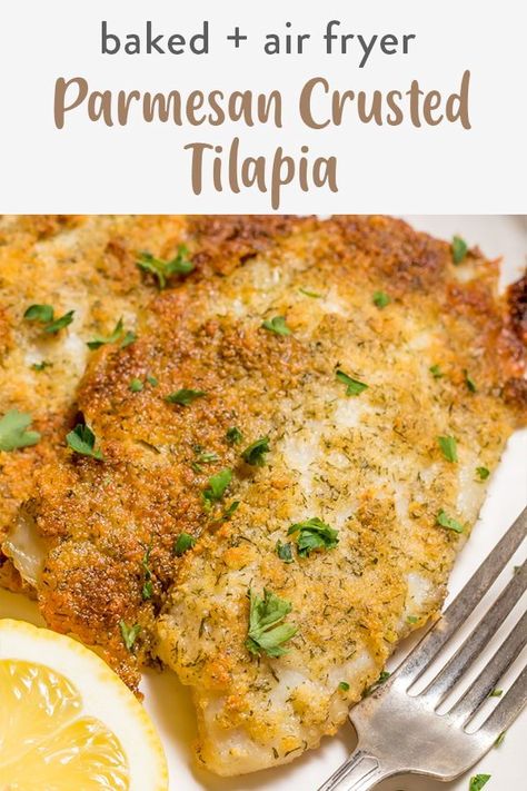 Parmesan crusted tilapia is delicious, a healthy choice for anyone on the keto diet and made in the air fryer or baked in the oven. Enjoy this easy to make recipe with a slightly crispy parmesan garlic herb crust on top packed with flavor. Garlic Parmesan Tilapia, Tilapia Recipes Air Fryer Oven, How To Cook Tilapia In Air Fryer, Herb Crusted Tilapia, Keto Parmesan Crusted Tilapia, Fish Fry Potluck Ideas, Talapia Ideas Air Fryer Keto, Tilapia Parmesan Crusted, Parmesan Crusted Fish Air Fryer