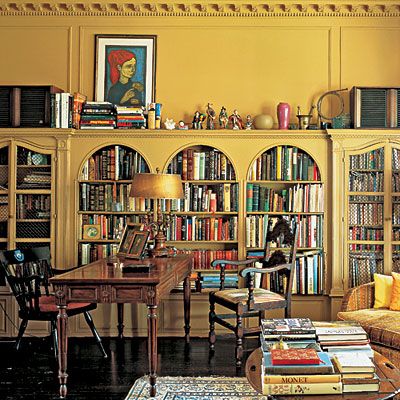 Yes please. Yellow Library Room, Library Playroom, Future Decor, Book Rooms, Southern Living Recipes, Beautiful Bookshelf, Reading Lamps, Fancy Things, Yellow Room