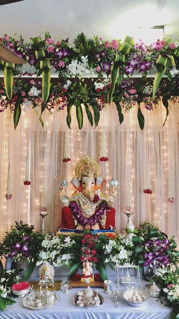 27 Best Trending Ganesh Chaturthi Decoration Ideas for home 2019 Ganpati Design, Chaturthi Decoration Ideas, Ganesh Chaturthi Decoration Ideas, Bappa Decoration, Flower Decoration For Ganpati, Buddha Background, Colour Paper Flowers, Ganesh Decoration, Weddings Decorations Elegant Romantic