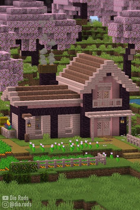 Cherry Blossom Starter House, with a chimney and a flower garden in front of the cottage. Minecraft Cottage Easy Small, Simple Minecraft House Layout, Cute Cozy Minecraft Houses, Minecraft Houses With Tutorial, Mini Minecraft Houses Easy, Cutesy Minecraft House, Mincraft Idea Houses Easy Small, Minecraft Starter House Cherry, Minecraft Starting House