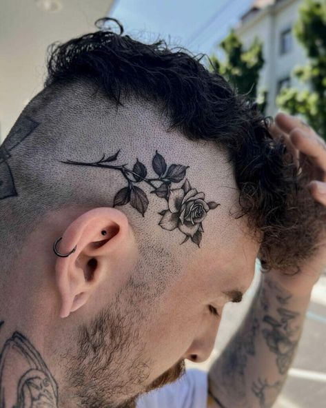 Side Head Tattoo, Side Of Head Tattoo, Undercut Tattoos, Mens Side Tattoos, Blackwork Rose, Chameleon Tattoo, Face Tats, Filigree Tattoo, Minimal Tattoo Design