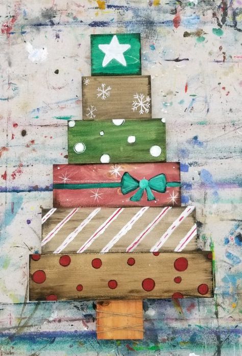 Palette Christmas Tree Diy, How To Decorate A Wooden Pallet Christmas Tree, Painted Wood Trees Christmas Decorations, Wooden Christmas Trees Painted, Wood Christmas Tree Paint Ideas, Wood Plank Christmas Tree, Painted Trees On Wood, Wood Christmas Tree Crafts, Wood Block Christmas Tree