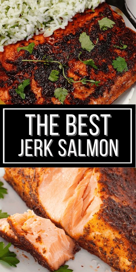 This Jerk Salmon has so much flavor. It is spicy, sweet, salty and a little bit smoky. This recipe is ideal for the oven, air fryer or grill. The jerk rub locks in all the moisture into the fish making an amazing meal. Spicy Salmon Recipes, Salmon Recipes Oven, Jerk Salmon, Oven Air Fryer, Salmon And Sweet Potato, Grilled Salmon Recipes, Fish Dinner Recipes, Jamaican Dishes, Easy Salmon Recipes