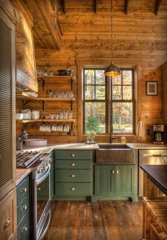 Land's End Development Plank Wallpaper, Log Cabin Kitchens, Log Cabin Kitchen, Dapur Rustic, Wood Plank Wallpaper, Log Home Kitchens, Peel And Stick Wood, Cabin Kitchens, Cabin Interiors